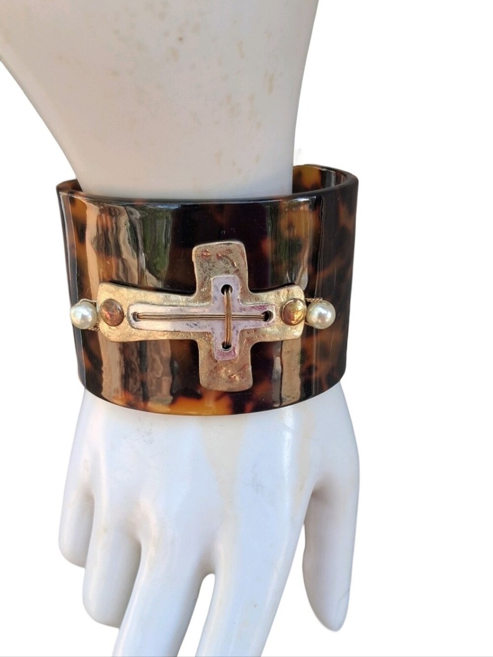 Chunky Faux Tortoiseshell Cross Cuff Bracelet Mixed Metal Statement Boho